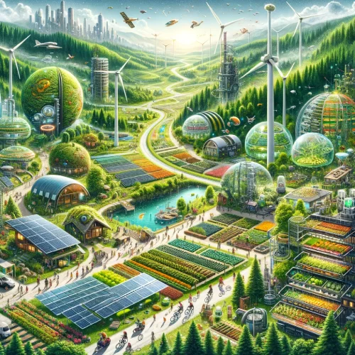 DALL·E 2024-02-26 14.20.10 - A detailed and inspiring illustration of 'Sustainable Innovations' in a futuristic setting. This scene captures a lush, green environment seamlessly i (1)